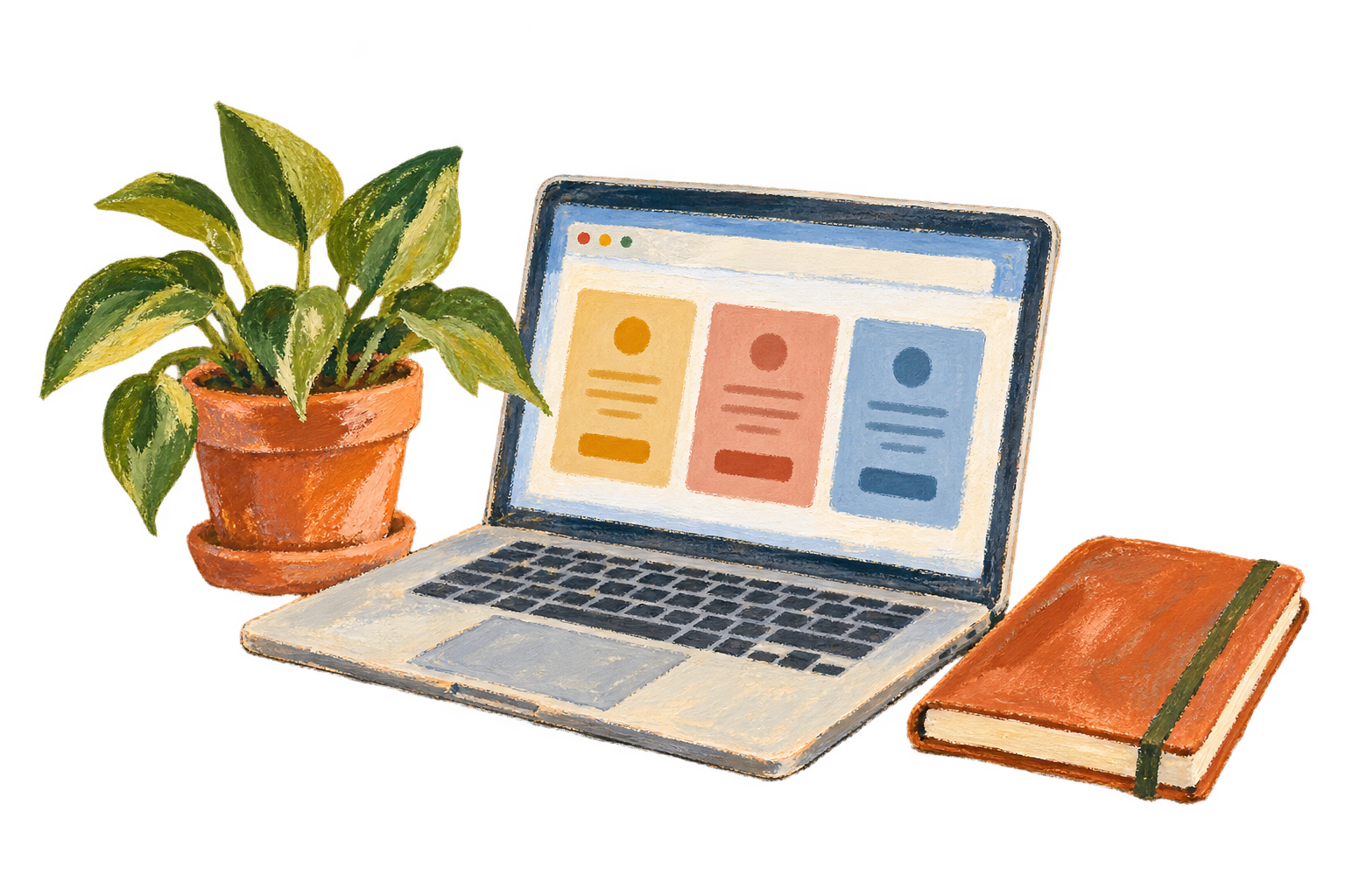A painted laptop, notebook and small plant.