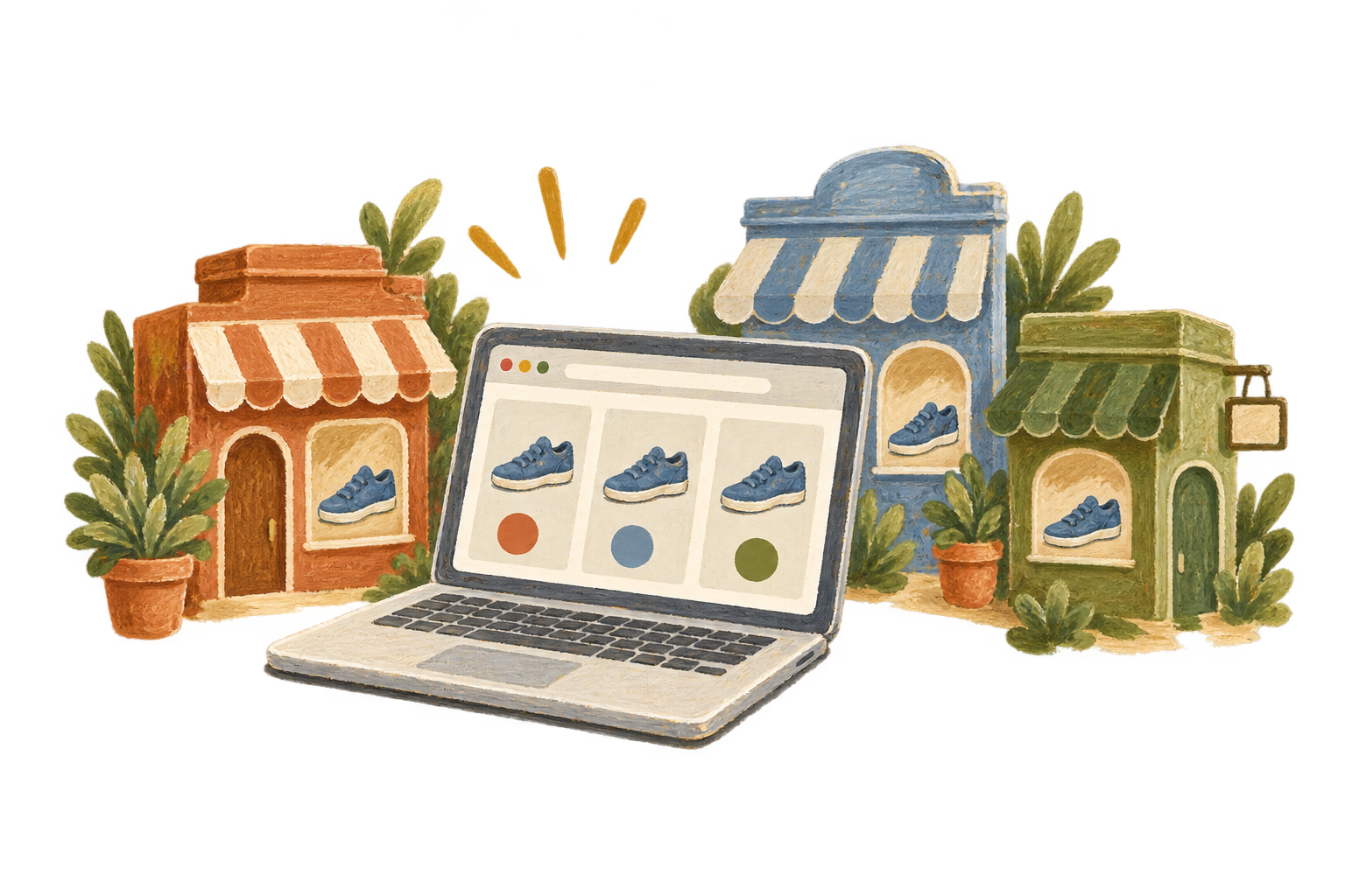 A painted illustration of the same product and its prices brought together from several shops.