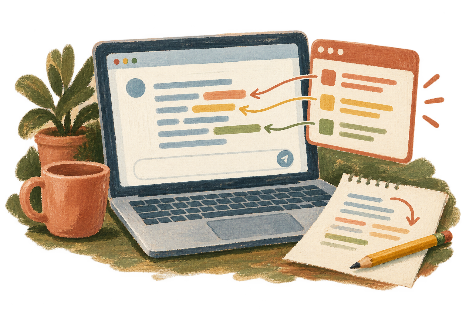 A painted illustration of an extension noticing sensitive information in a chat message before sending it.