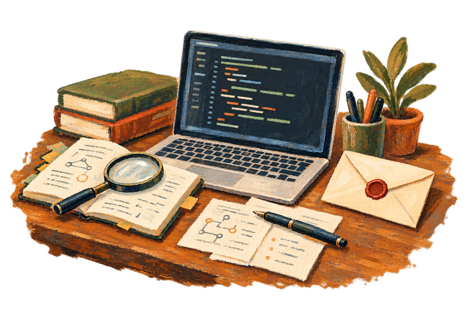 A painted security research desk with a laptop, investigation notes and a disclosure envelope.
