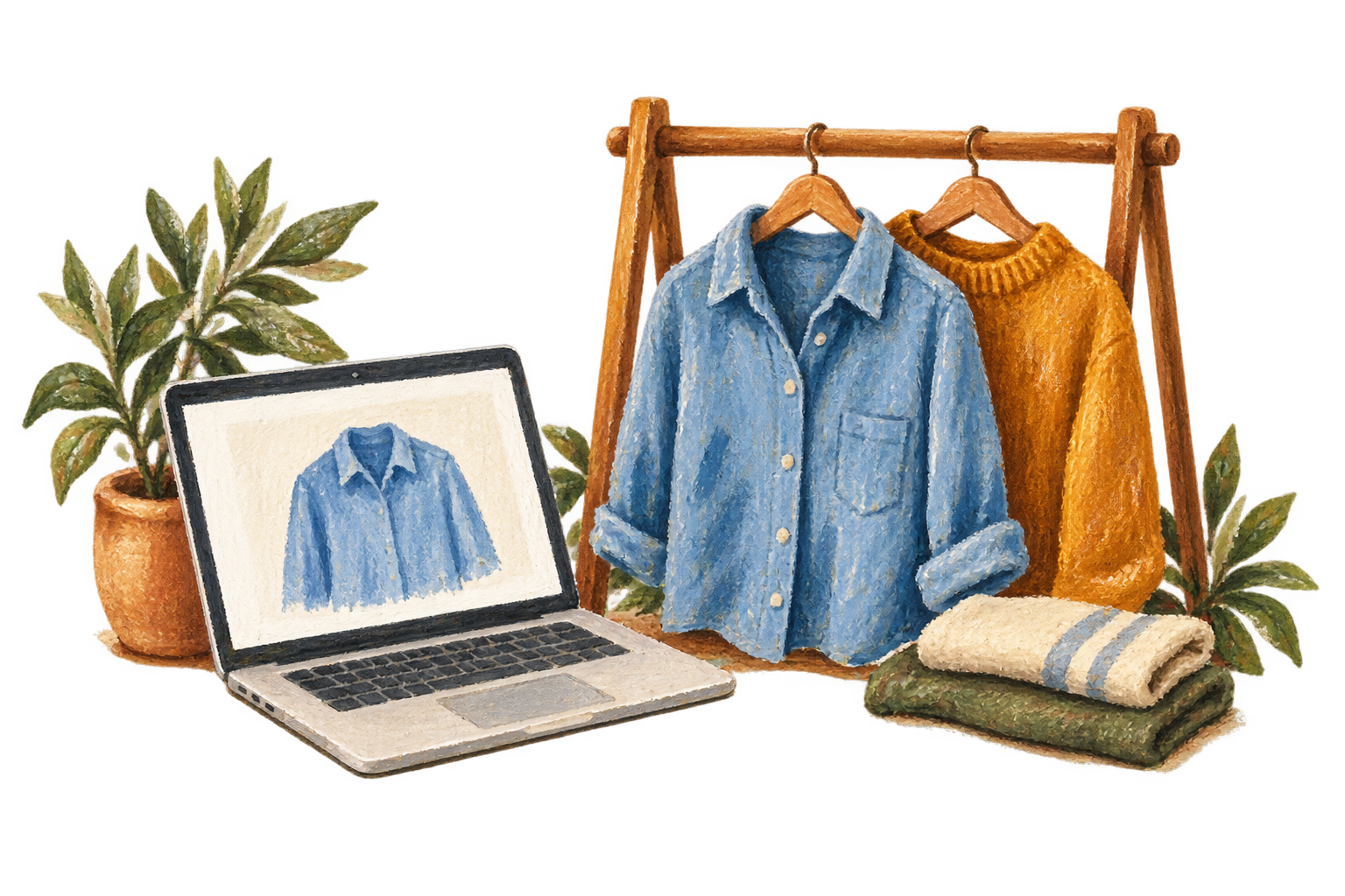 A painted laptop beside a rail of clothes.